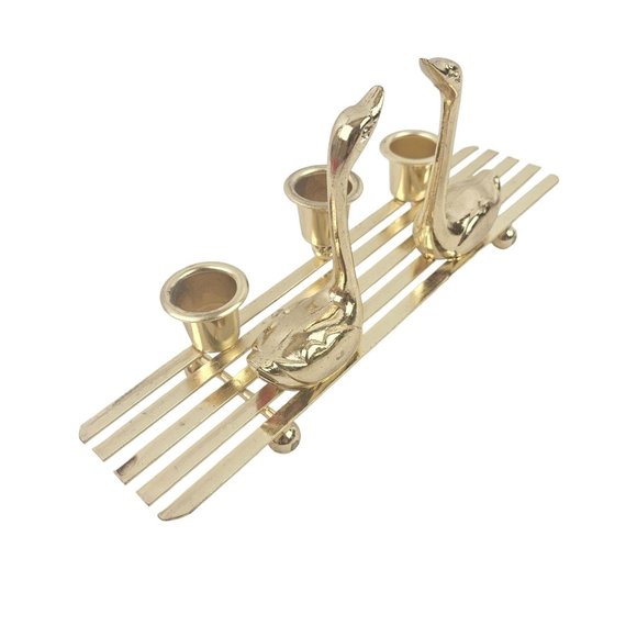 Vintage Christmas Around The World Swans Brass 3 Candle Stick Holder Home Decor - Picture 5 of 9